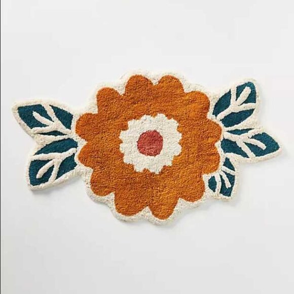New Anthropologie Tufted bouquet orange flower bath mat rug - Picture 1 of 7